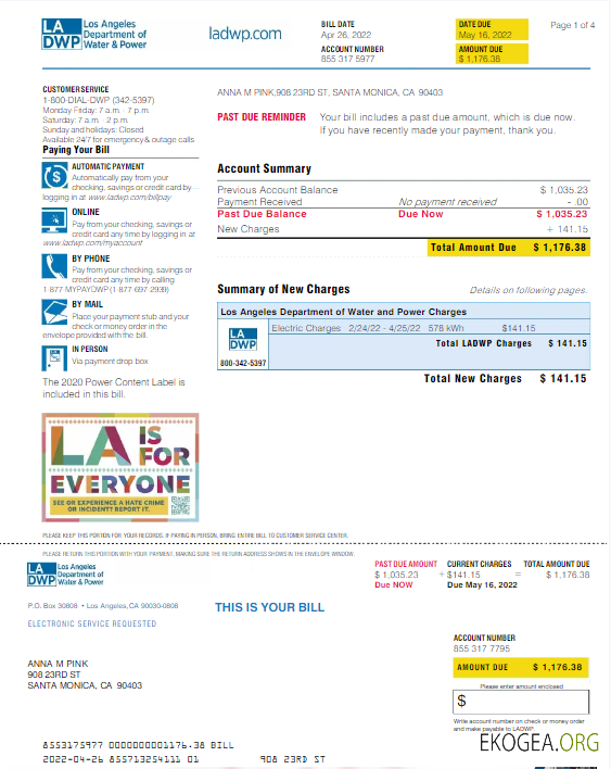 Usa La dwp utility bill word and pdf template